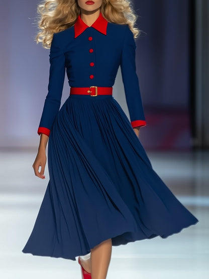 Retro Elegant Fashionable Red and Blue Contrast Midi Dress