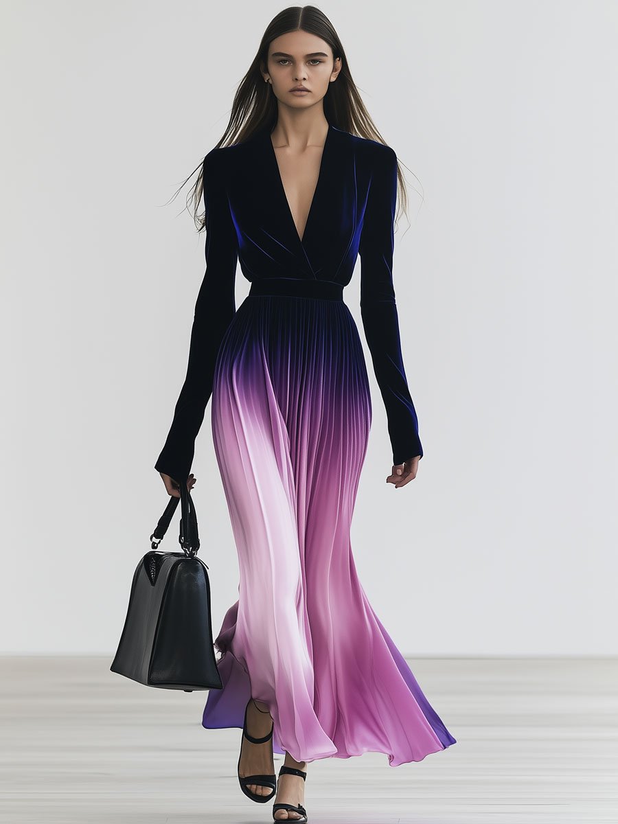 Fashionable Holiday Blue And Purple Gradient V-Neck Long-Sleeved Maxi Dress