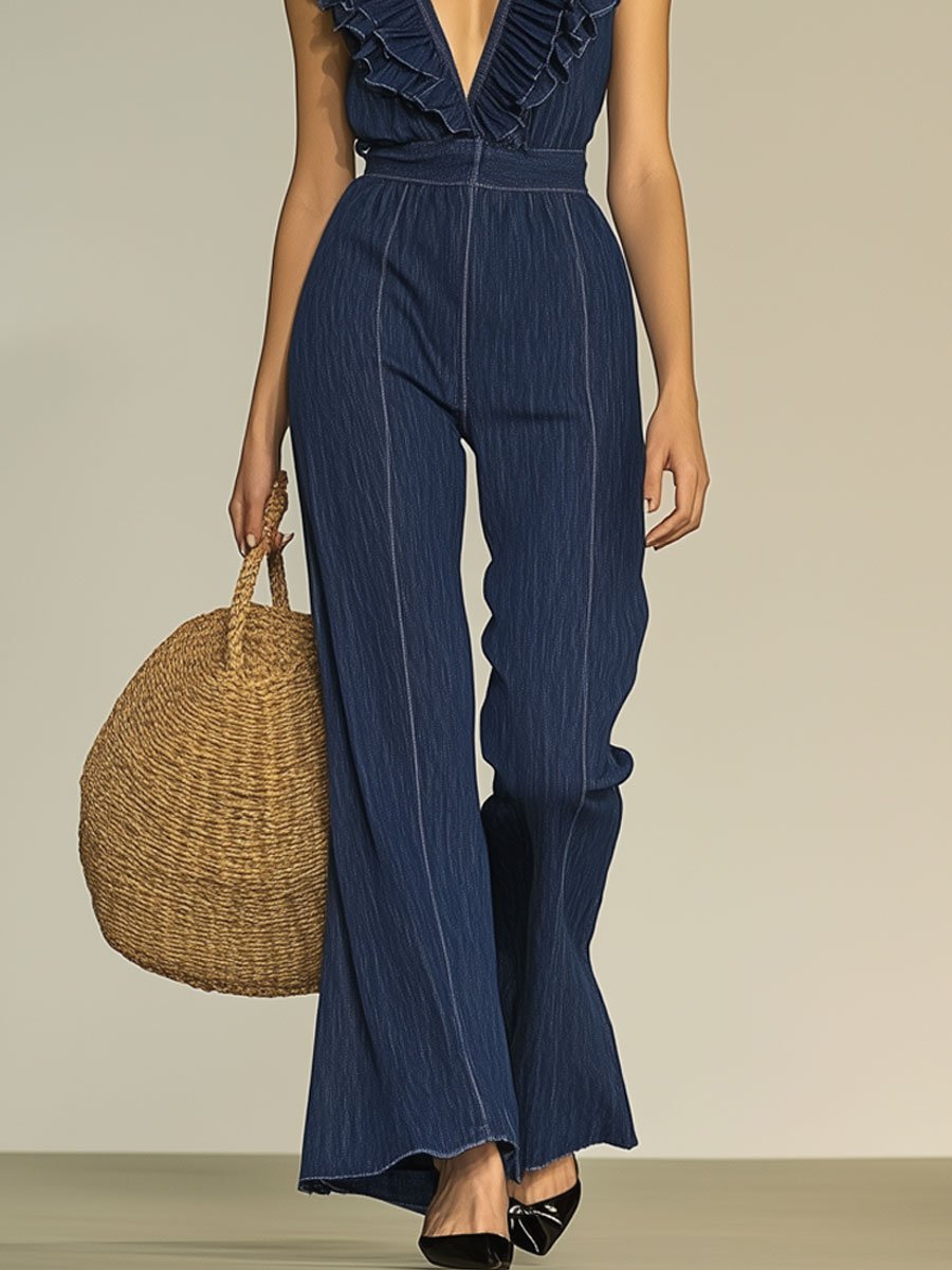 Fashion Retro V-Neck Ruffle Sleeveless Wide-Leg Flared Denim Jumpsuit