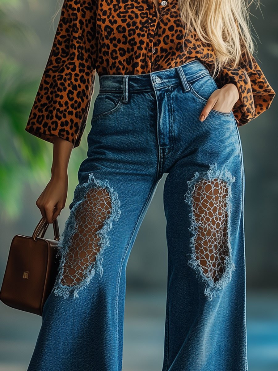 Casual Loose Retro High Waist Ripped Hollow Flared Jeans