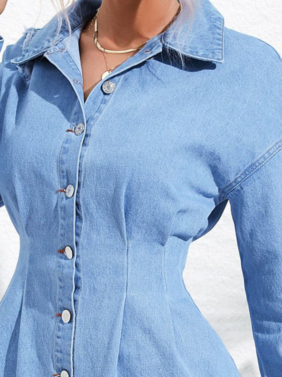 Casual And Stylish Waist Denim Shirt Mini Dress