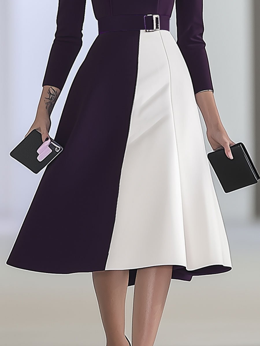 Fashion Retro Commuter Purple And White Stitching Long-Sleeved Midi Dress