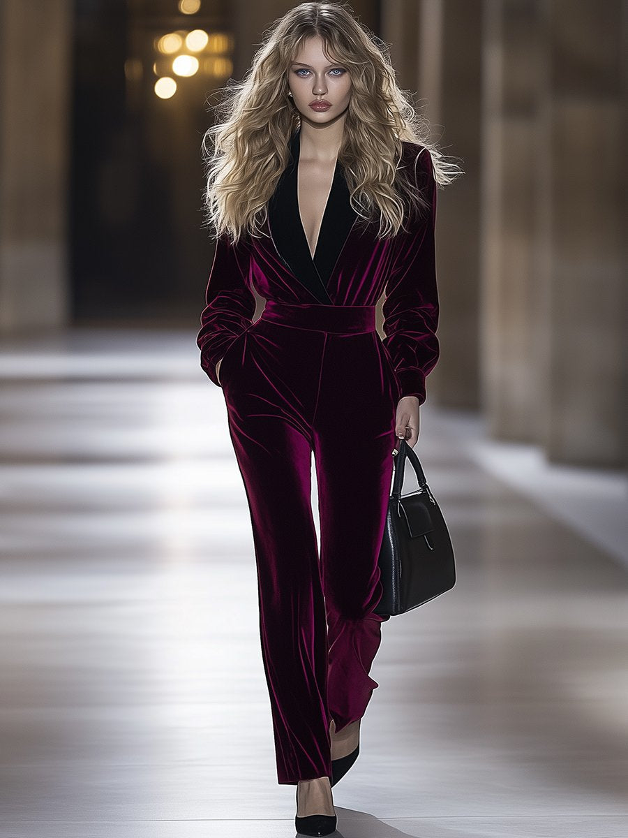 Retro Temperament High Waist Long Sleeve Lapel Gold Velvet Jumpsuit