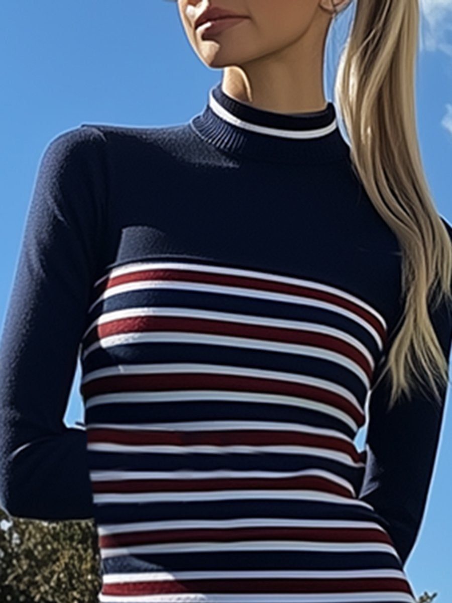 Casual And Fashionable Sports Style Red And Blue Striped Polo Mini Dress