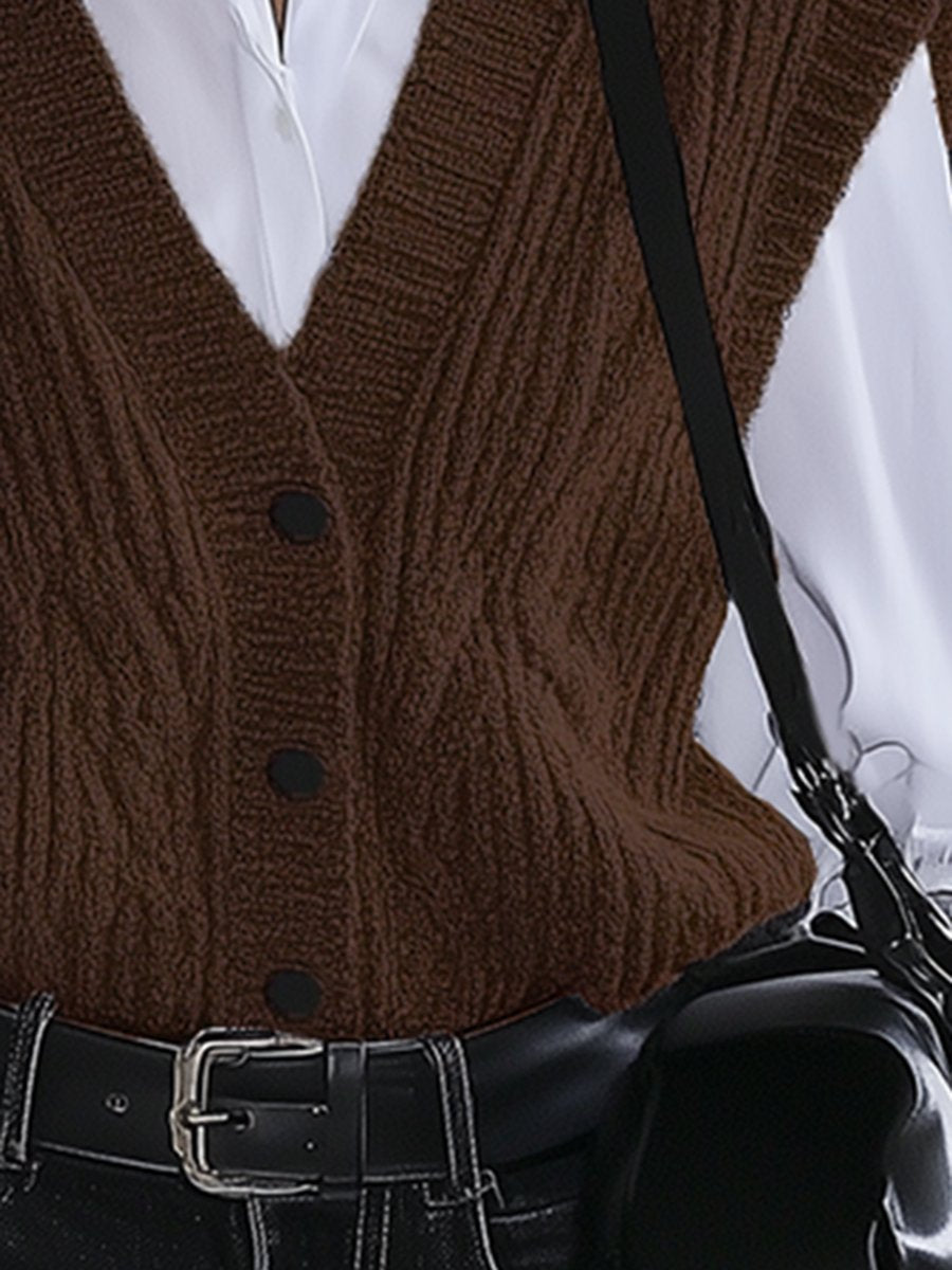 Retro Fashion Loose V-neck Button Brown Knitted Vest