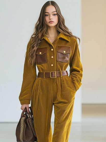 Casual Loose Retro Corduroy Leather Patchwork Pocket Belted Jumpsuit