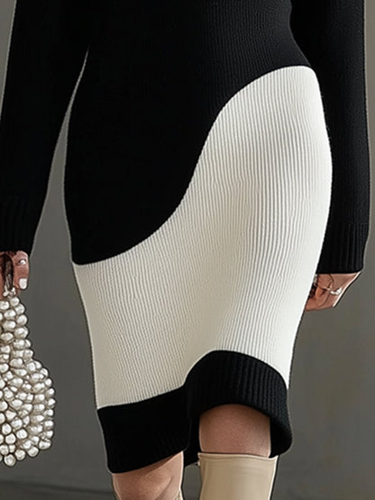 Casual Fashionable Loose Black And White Stitching Knitted Mini Dress