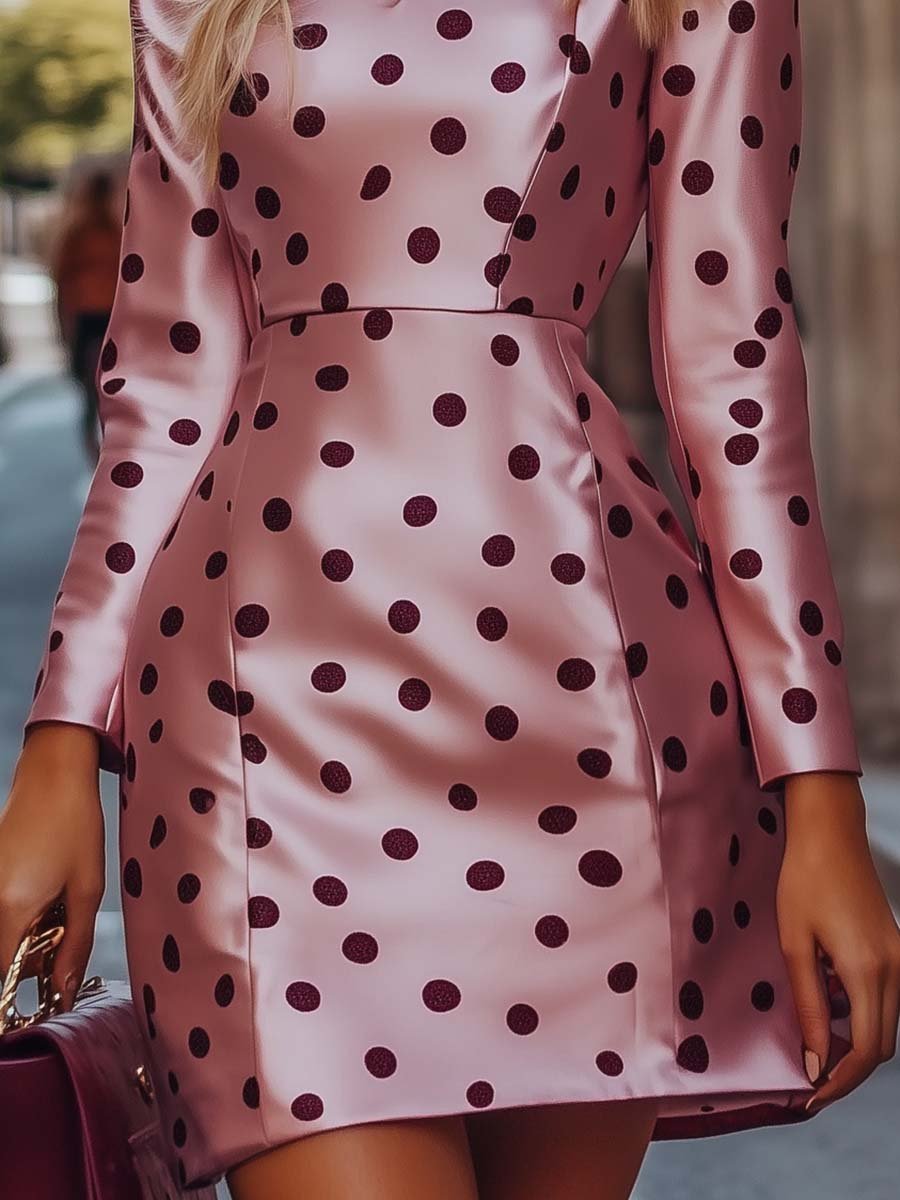 Elegant Small Stand Collar Pink Satin Polka Dot Print Mini Dress