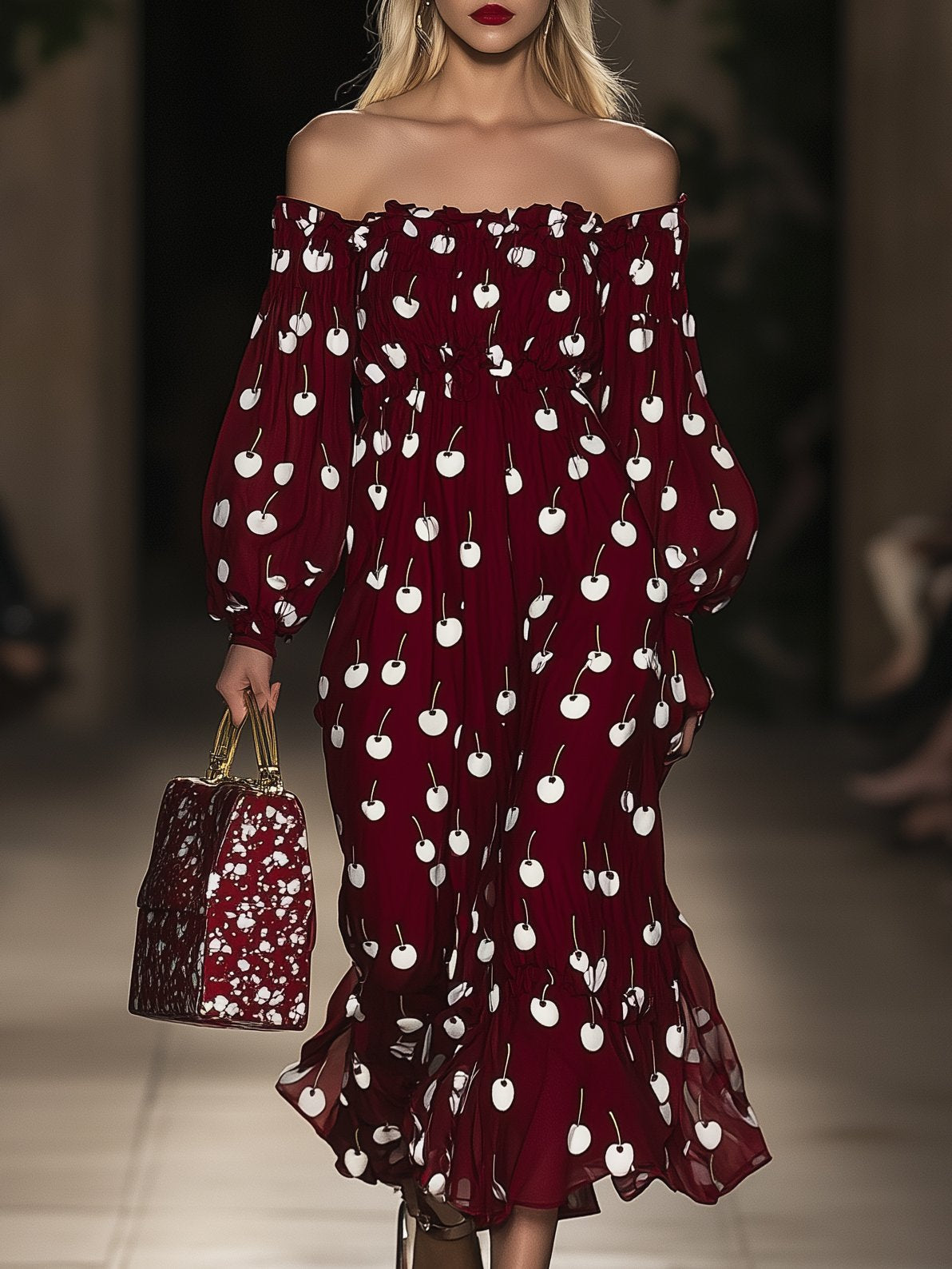 Romantic Printed One Shoulder Dark Red Long Sleeve Maxi Dress