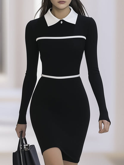 Elegant Polo Neck White Line Black Long Sleeve Mini Dress