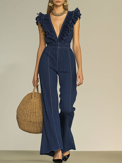 Fashion Retro V-Neck Ruffle Sleeveless Wide-Leg Flared Denim Jumpsuit