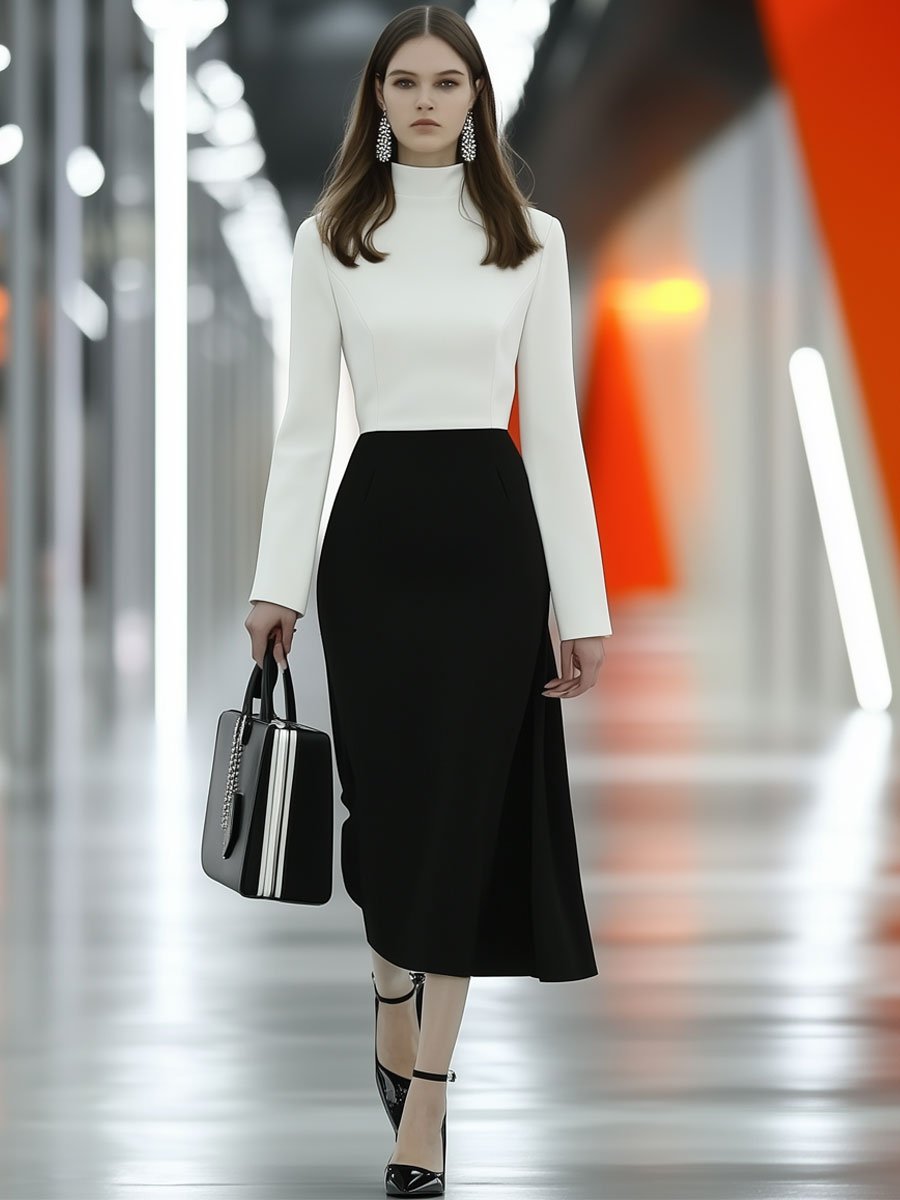 Fashion Retro Black And White Stitching Stand Collar Long Sleeve Midi Dress