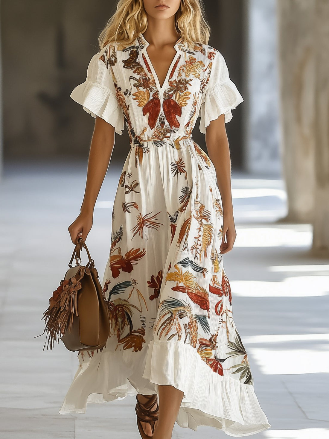 Vibrant Tropical Print Short Sleeve Maxi Dress