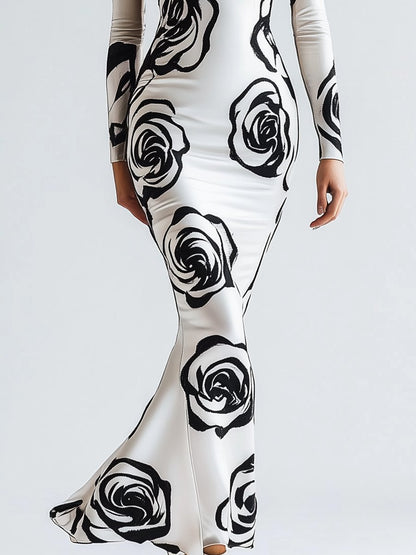 Fashion Rose Printed Half-high Collar White Satin Maxi Dress