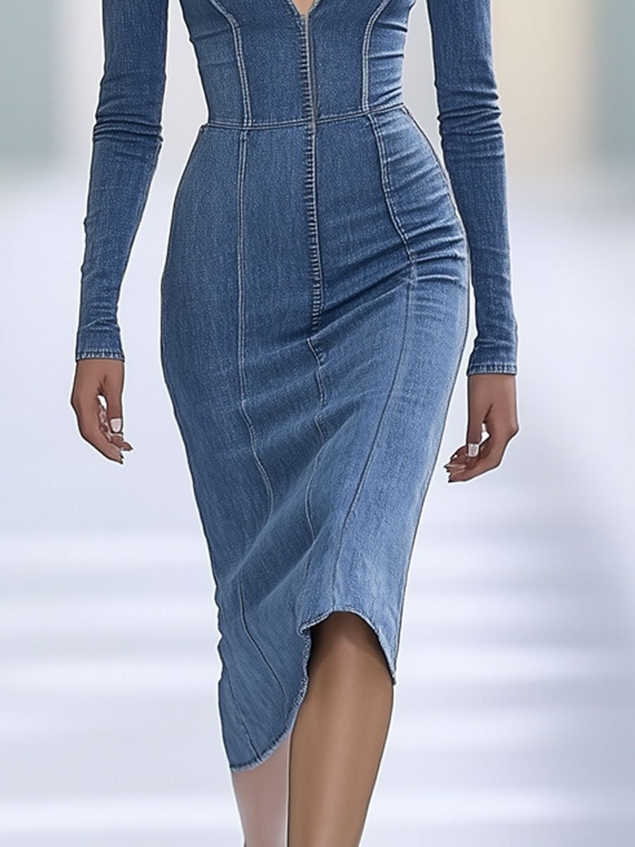 Fashion Retro V-neck Denim Long Sleeve Slim Midi Dress