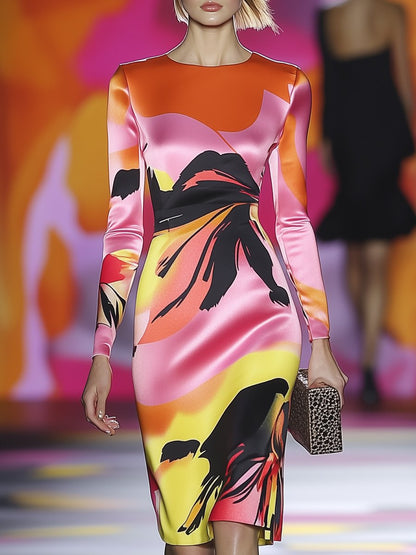 High-end Fashionable Pink, Orange and Black Abstract Printed Midi Dress