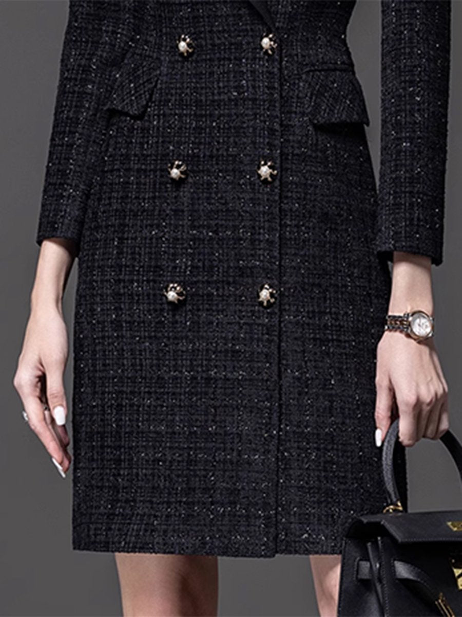 High-End Fashion Temperament Color Block Stand Collar Tweed Midi Dress