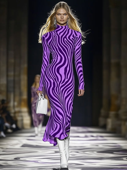 High-End Fashionable Purple Zebra Pattern Knitted Midi Dress