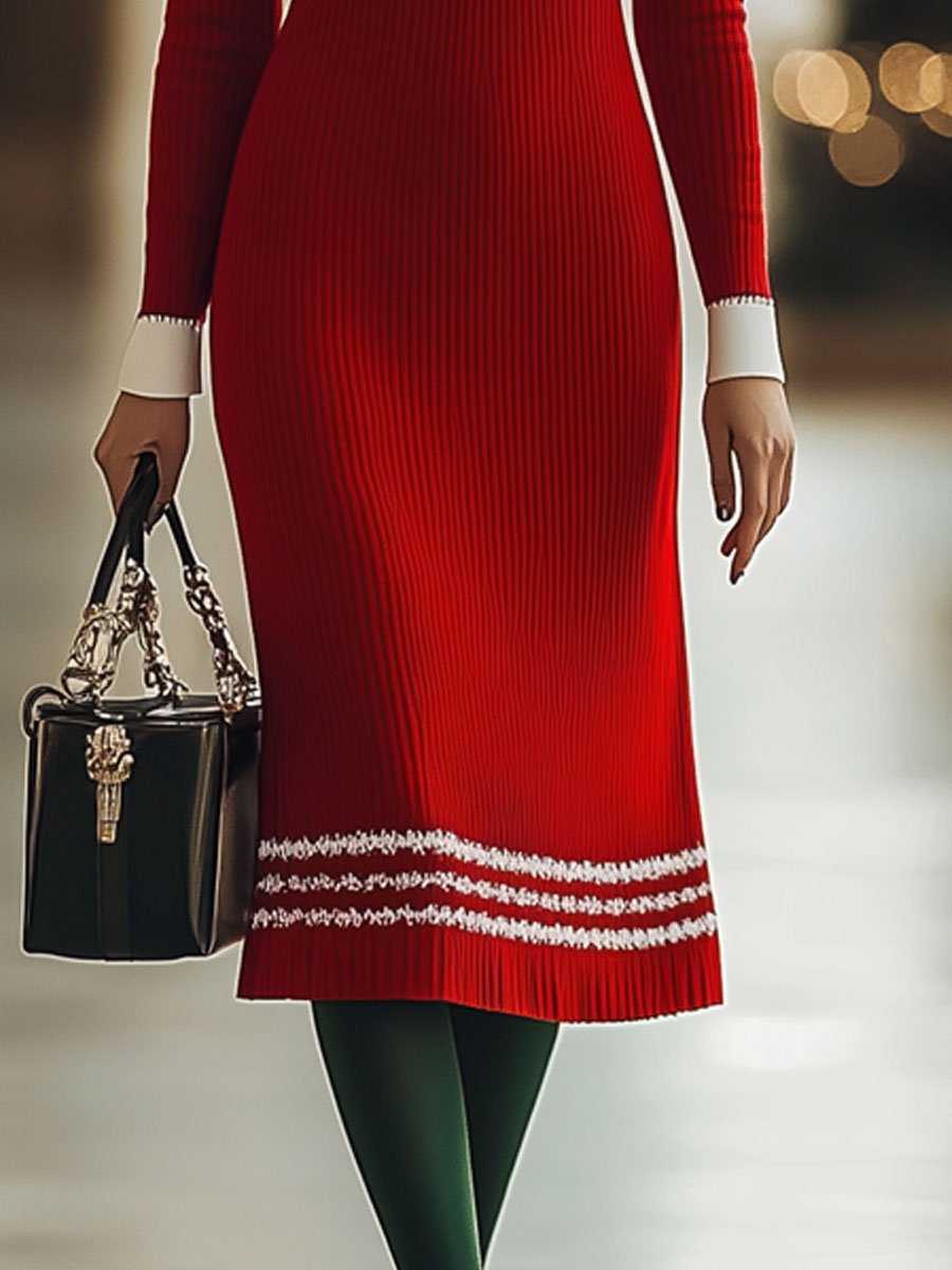 Fashion Retro Wool Stitching Long Sleeve Midi Dress