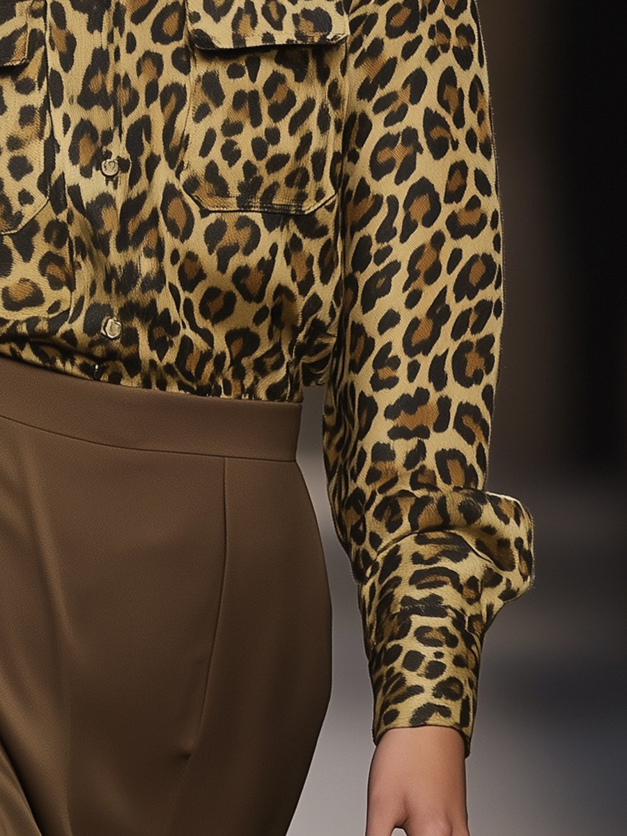 Lazy Fashion Leopard Print Long Sleeve Lapel Suede Shirt