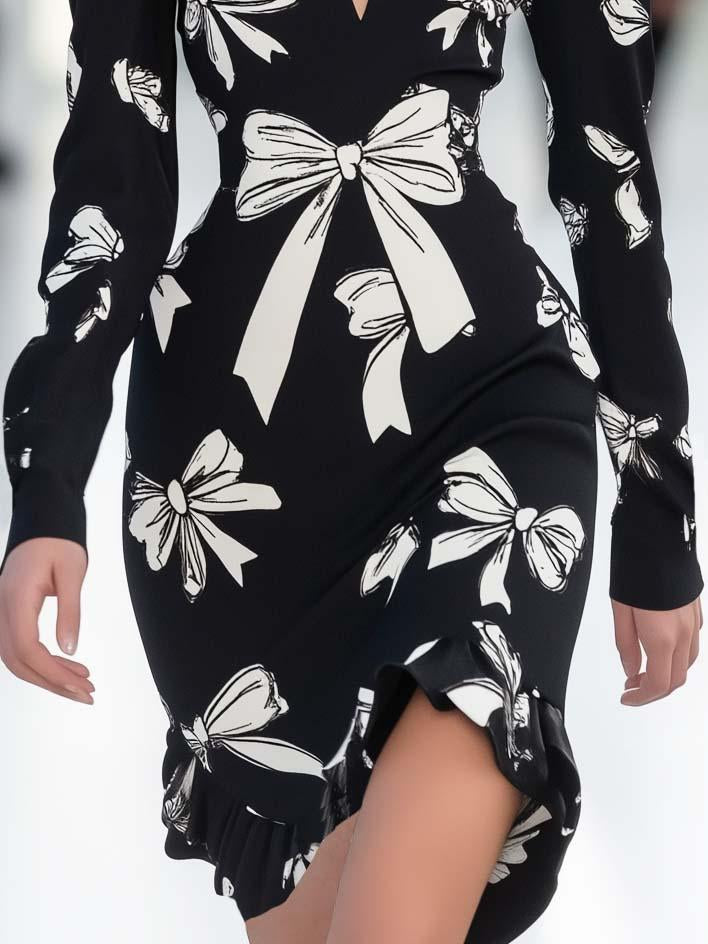 Fashion Bow Printed Black Long Sleeve Mini Dress