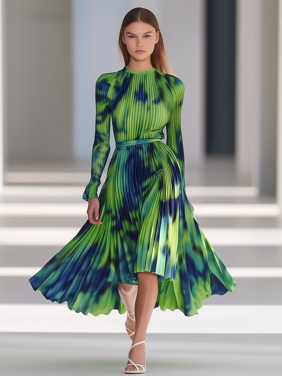 Fashionable and Personalized Blue and Green Abstract Printed Pleated Midi Dress