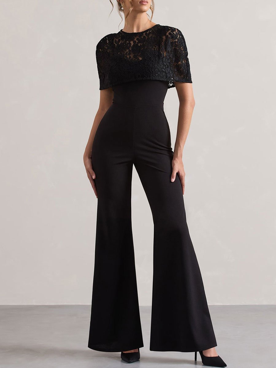 Fashion Party Round Neck Lace Stitching Black Flared Jumpsuit