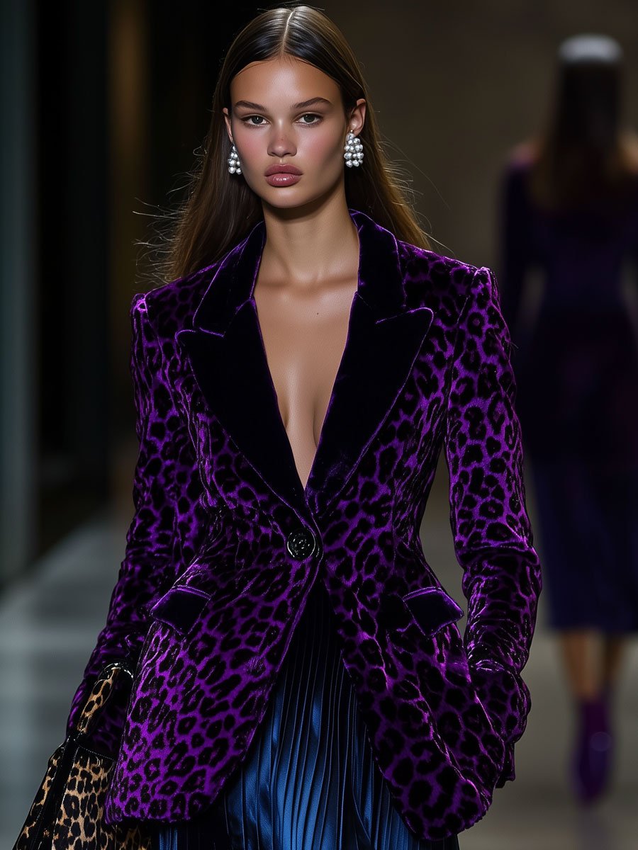 Casual Loose Retro Purple Leopard Print Blazer