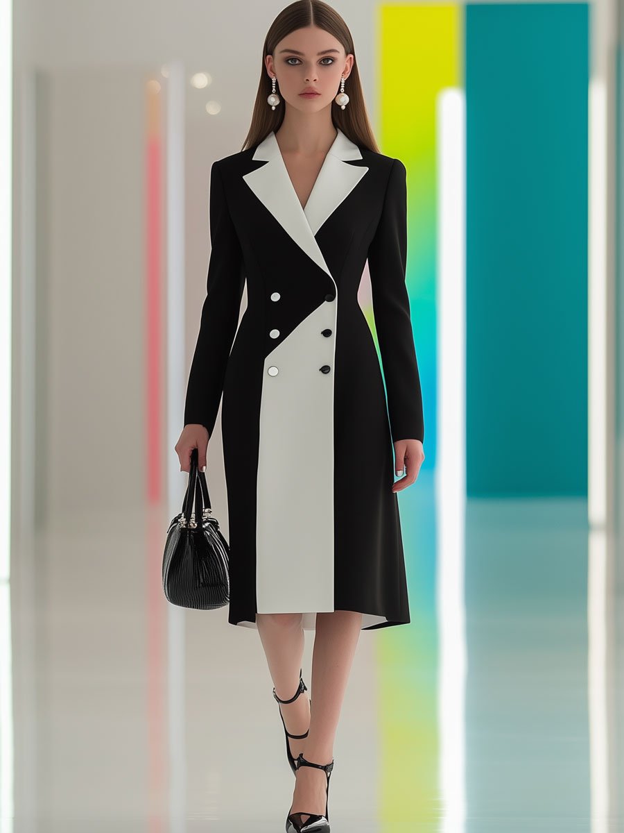 Casual Fashion Retro Black And White Color Matching Windbreaker Lapel Mini Dress