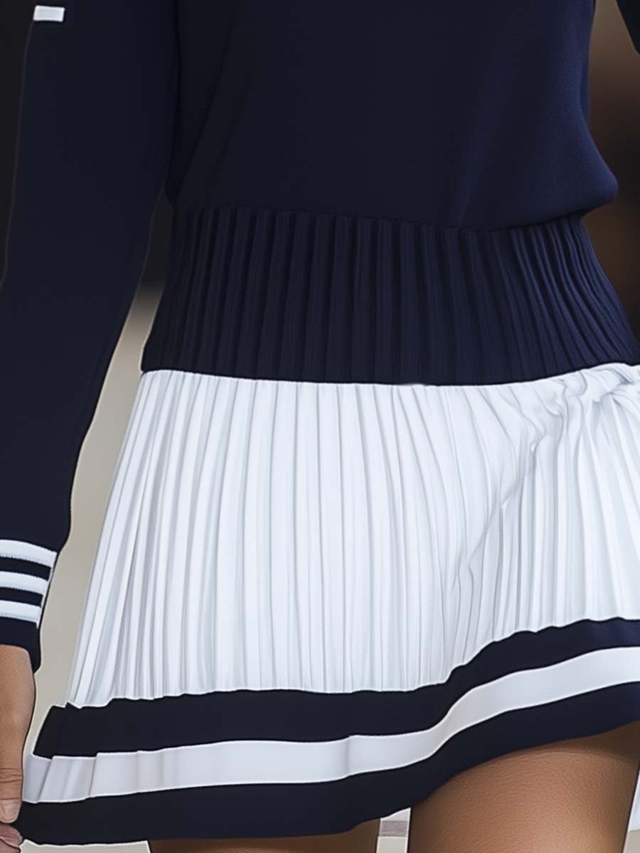 Fashionable Sports Style Round Neck Navy Blue and White Contrast Mini Dress