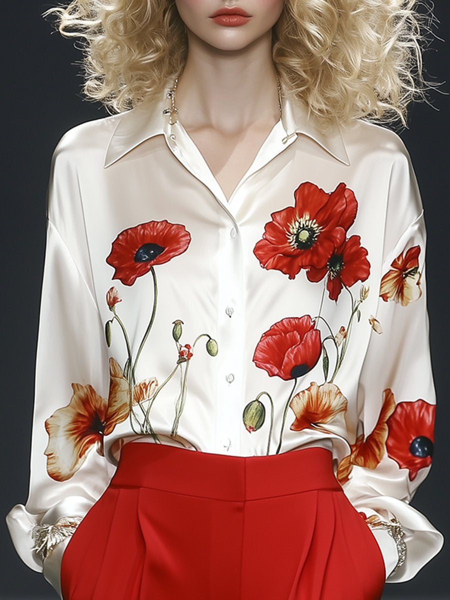 Retro Trendy Textured Poppy Print Satin Shirt