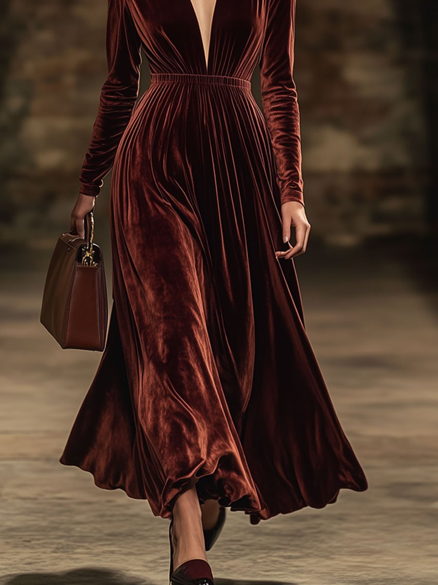 Fashion Party V-neck Solid Color Velvet Elastic Waist Long Sleeve Maxi Dress