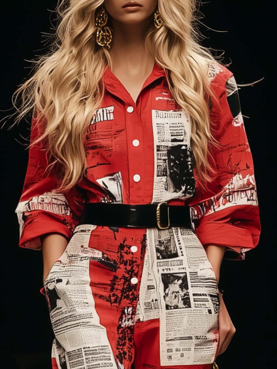 Personalized Trendy Belt Red Newspaper Print Shirt-style Jumpsuit