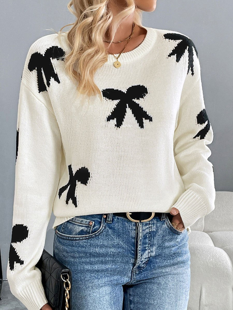 Casual Loose Round Neck Bow Jacquard Pullover Sweater