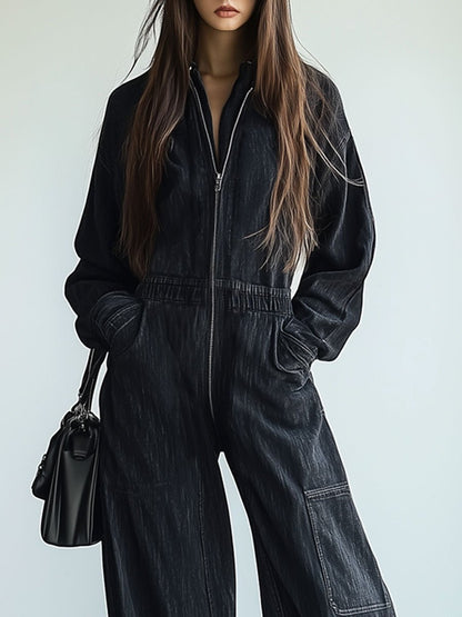 Casual Loose Retro Denim Zipper Elastic Waist Lapel Long Sleeve Jumpsuit