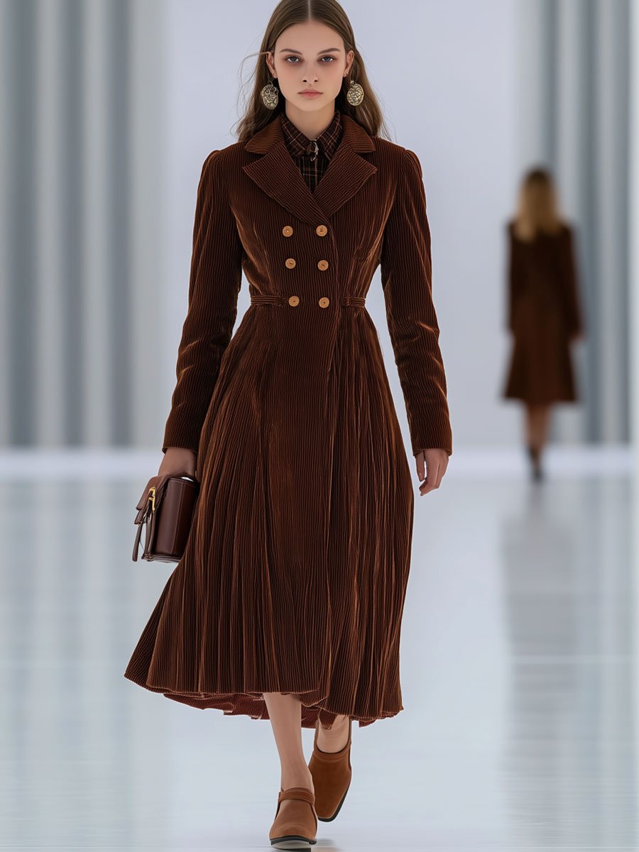 Casual Loose Retro Brown Corduroy Double-Breasted Trench Coat-Style Midi Dress