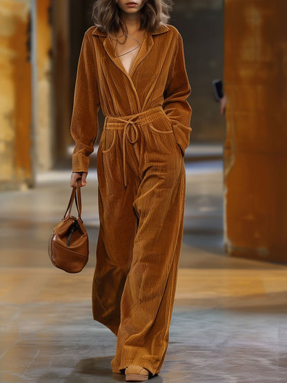 Casual Loose Lapel Elastic Waist Long Sleeve Corduroy Jumpsuit