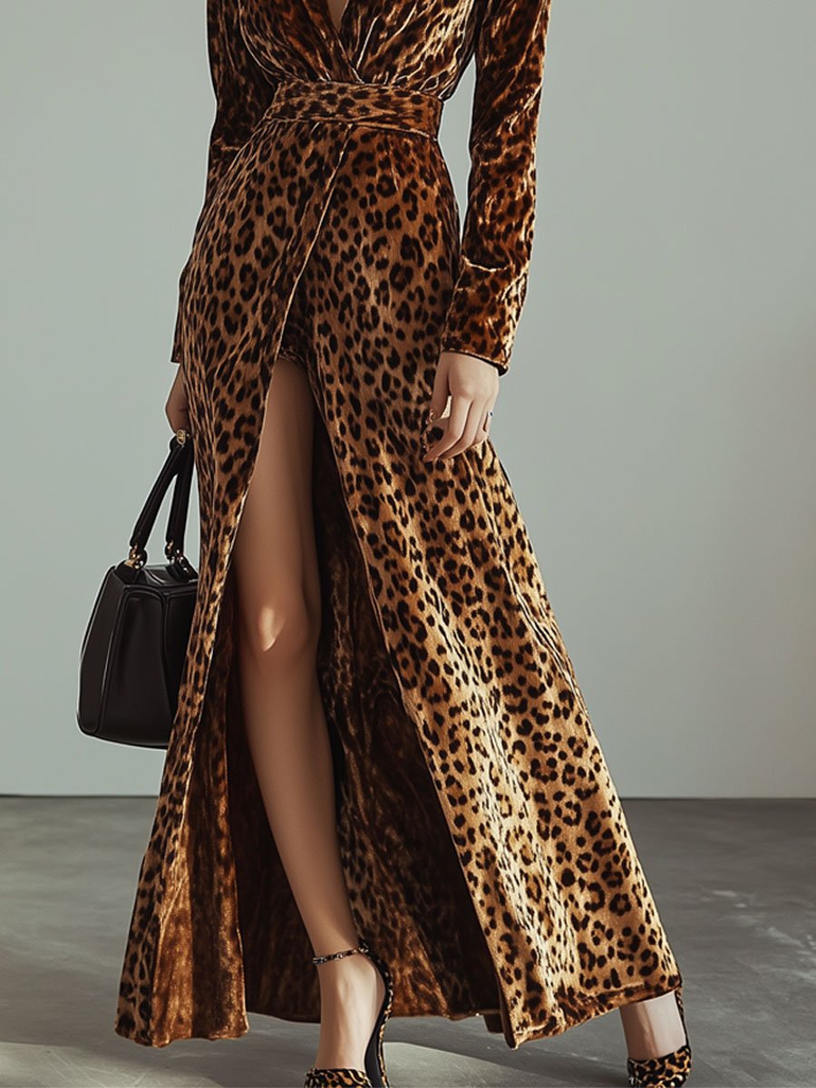 V-Neck Vintage Velvet Leopard Print Long Sleeve Slit Maxi Dress