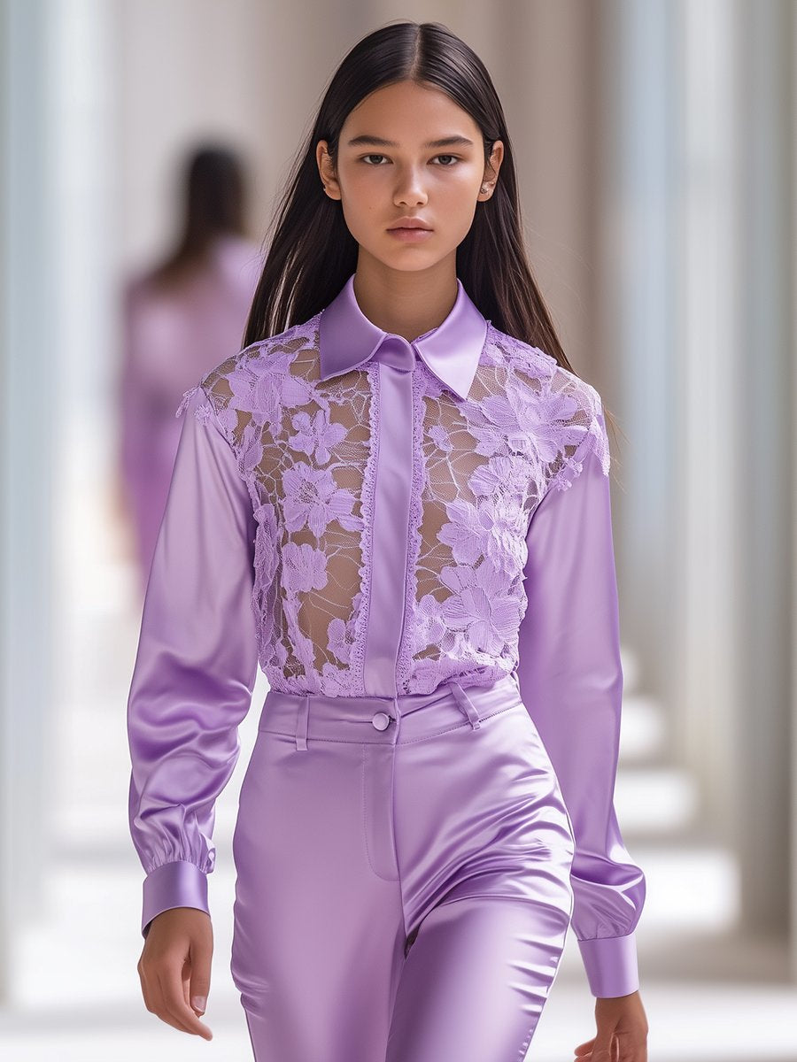 Elegant and Fashionable Purple Lace Splicing Satin Long-sleeved Shirt