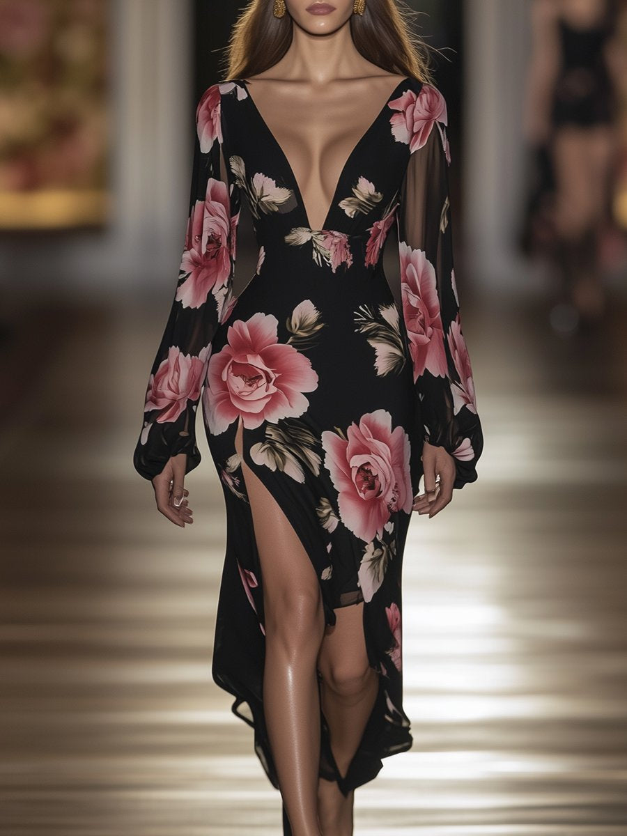 Romantic and Charming V-neck Printed Black Chiffon Slit Long-sleeved Maxi Dress