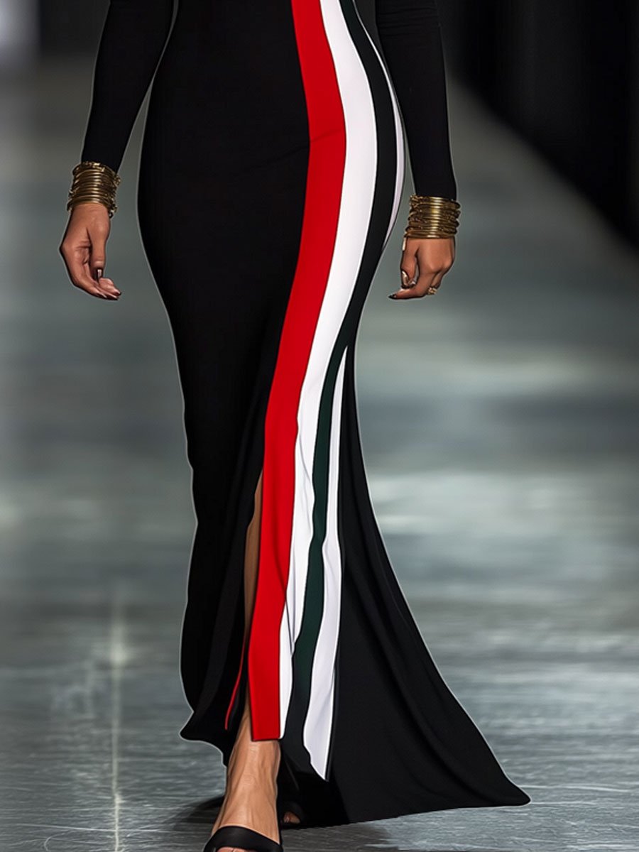 Fashion Resort Round Neck Flag Print Long Sleeve Slit Maxi Dress