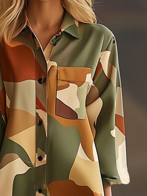 Casual Loose Camouflage Print Shirt Long Sleeve Mini Dress