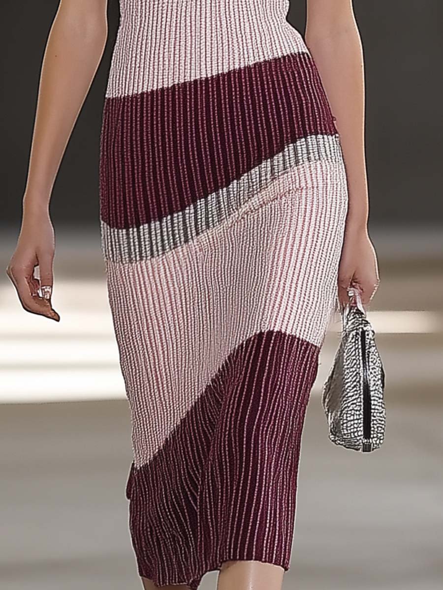 Elegant Vest-style V-neck Burgundy and Light Pink Contrast Knitted Midi Dress