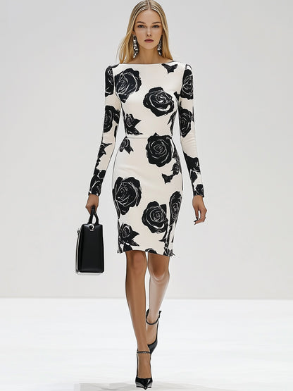 Classic Elegant Rose Print Long Sleeve Midi Dress