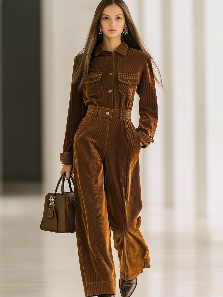 Casual Loose Retro Corduroy Multi-Pocket Long Sleeve Jumpsuit