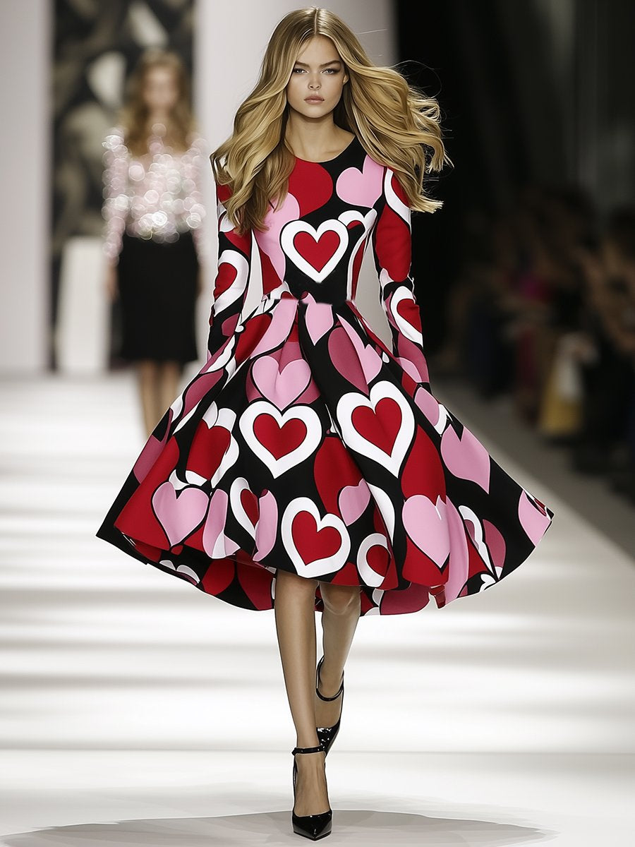 Exquisite and Elegant Heart Print Midi Dress