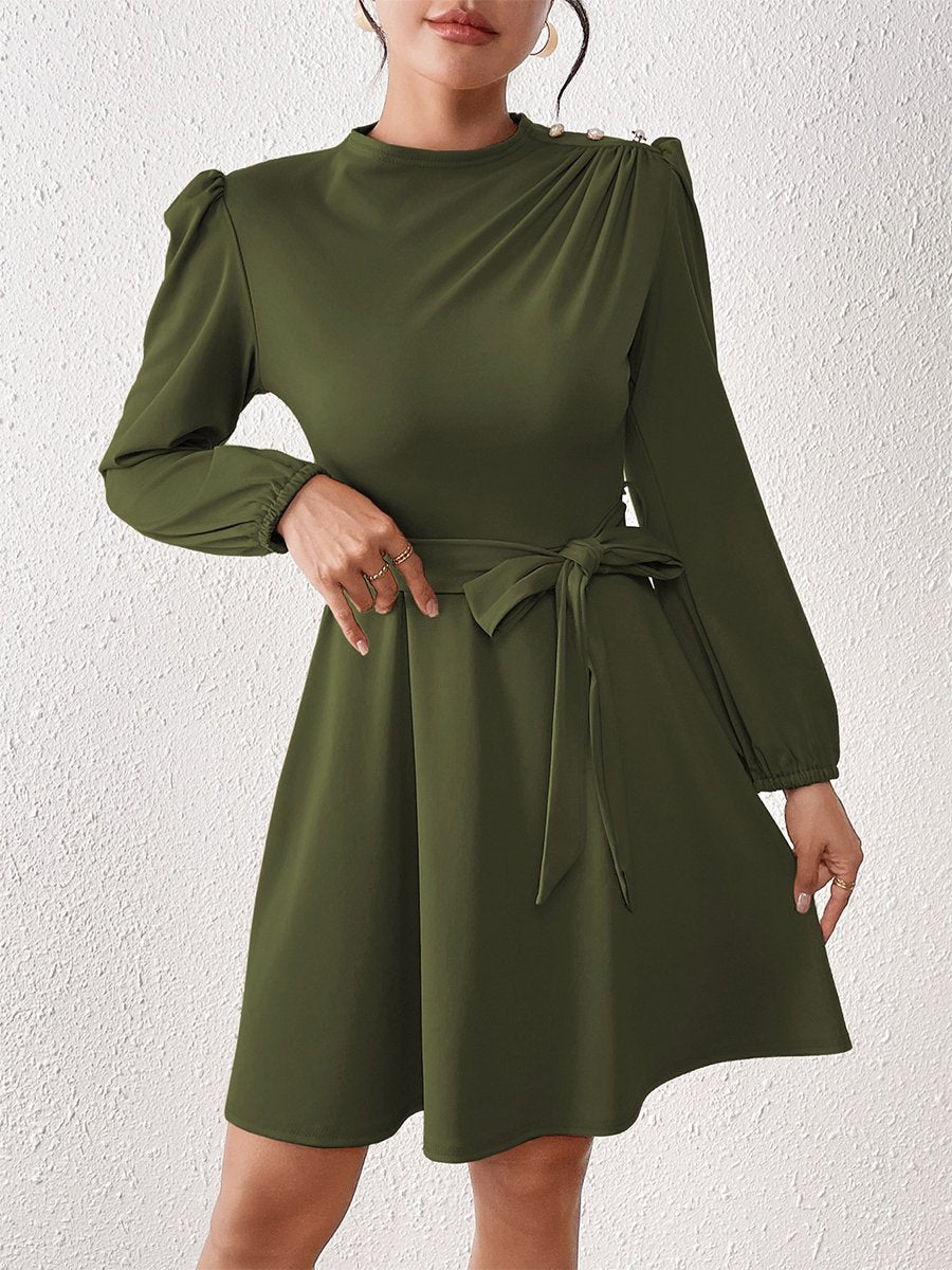 Fashionable Solid Color Tie Waist Long Sleeve Mini Dress