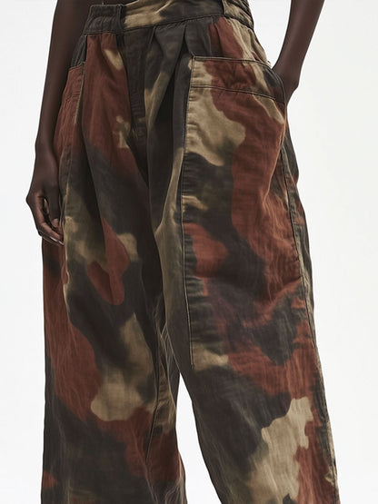 Casual Retro Contrast Camouflage Pocket Cotton Wide Leg Pants