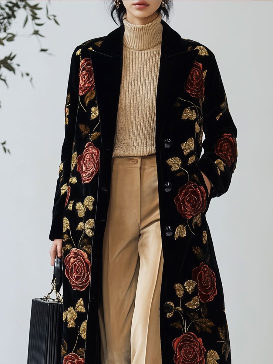 Casual Loose Vintage Velvet Rose Print Pocket Long Coat