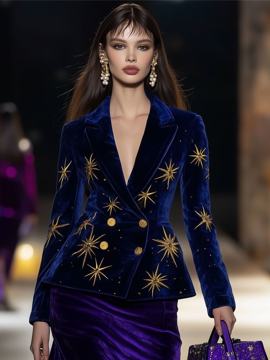 Casual Loose Retro Velvet Gold Star Print Double-Breasted Blazer